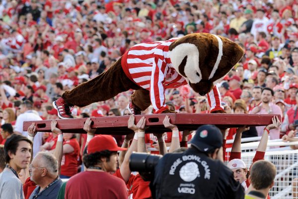 UW-Madison mascot Bucky Badger does another set of pushups following a Wisconsin touchdown during the 2012 Rose Bowl football game between the University of Wisconsin-Madison Badgers and the University of Oregon Ducks.