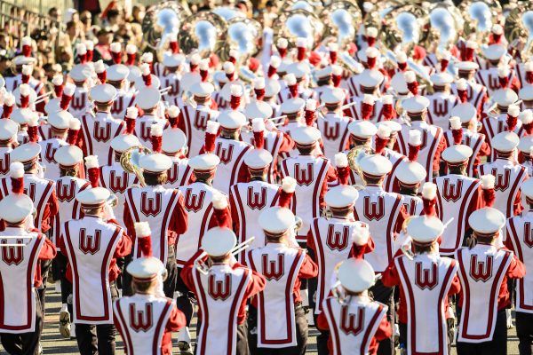 Members of the UW Marching Band perform during the Tournament of Roses Parade
